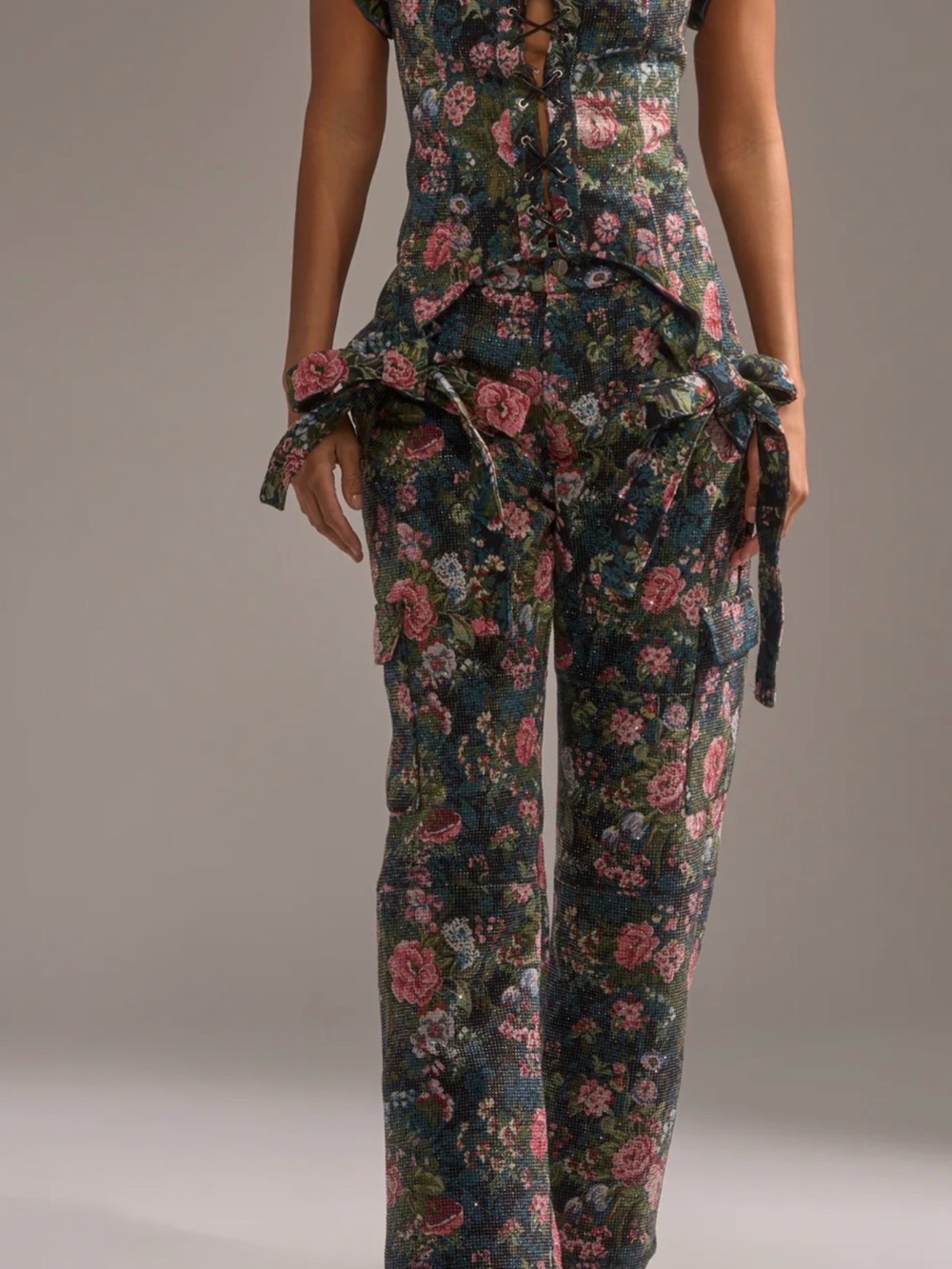 Two piece set AKIRA Olive Floral Wide-Leg Pants with Pink Roses NWT